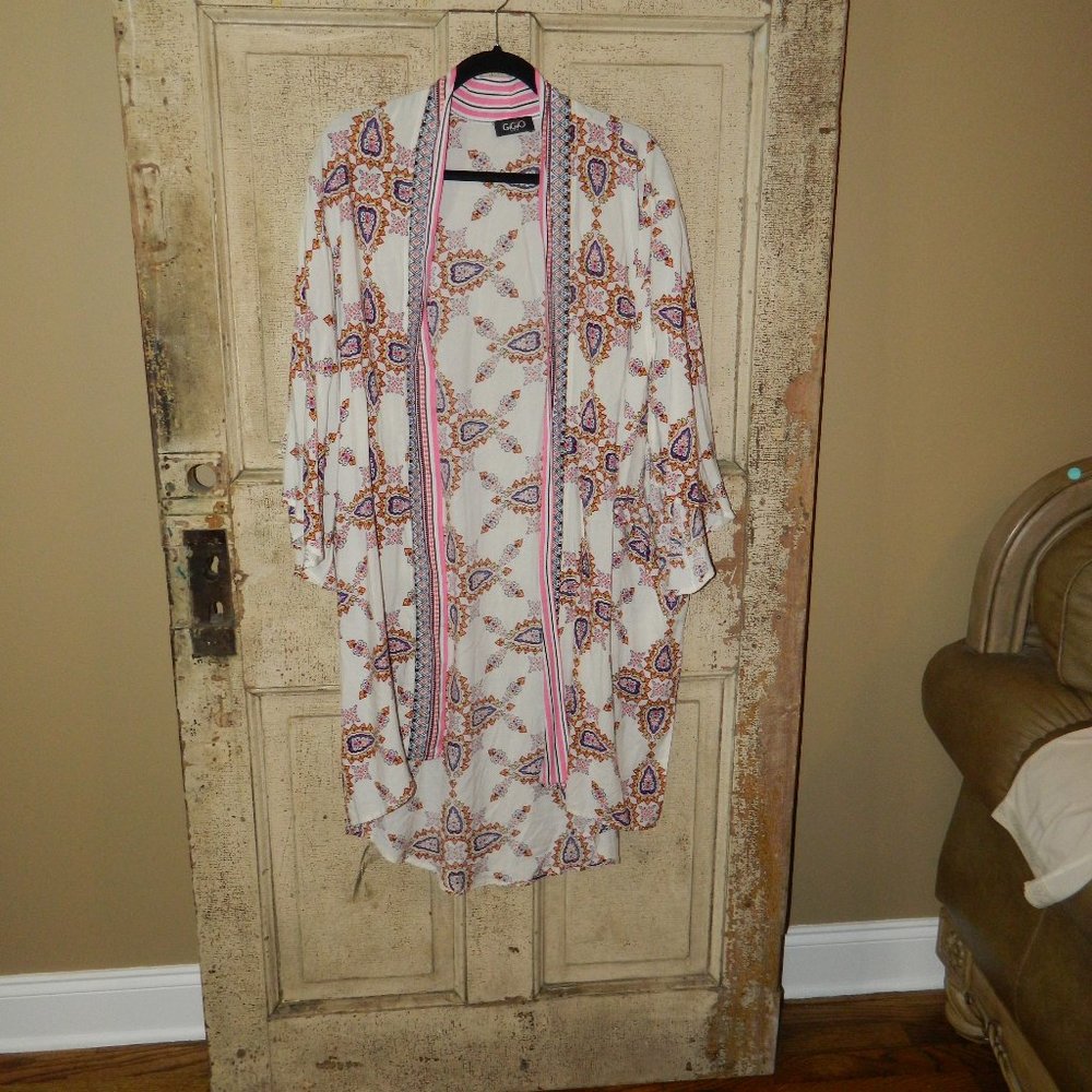 Gigio Aster Ivory Pink Open Front Kimono Boho Bohemian Paisley Medallion (FF-16)
